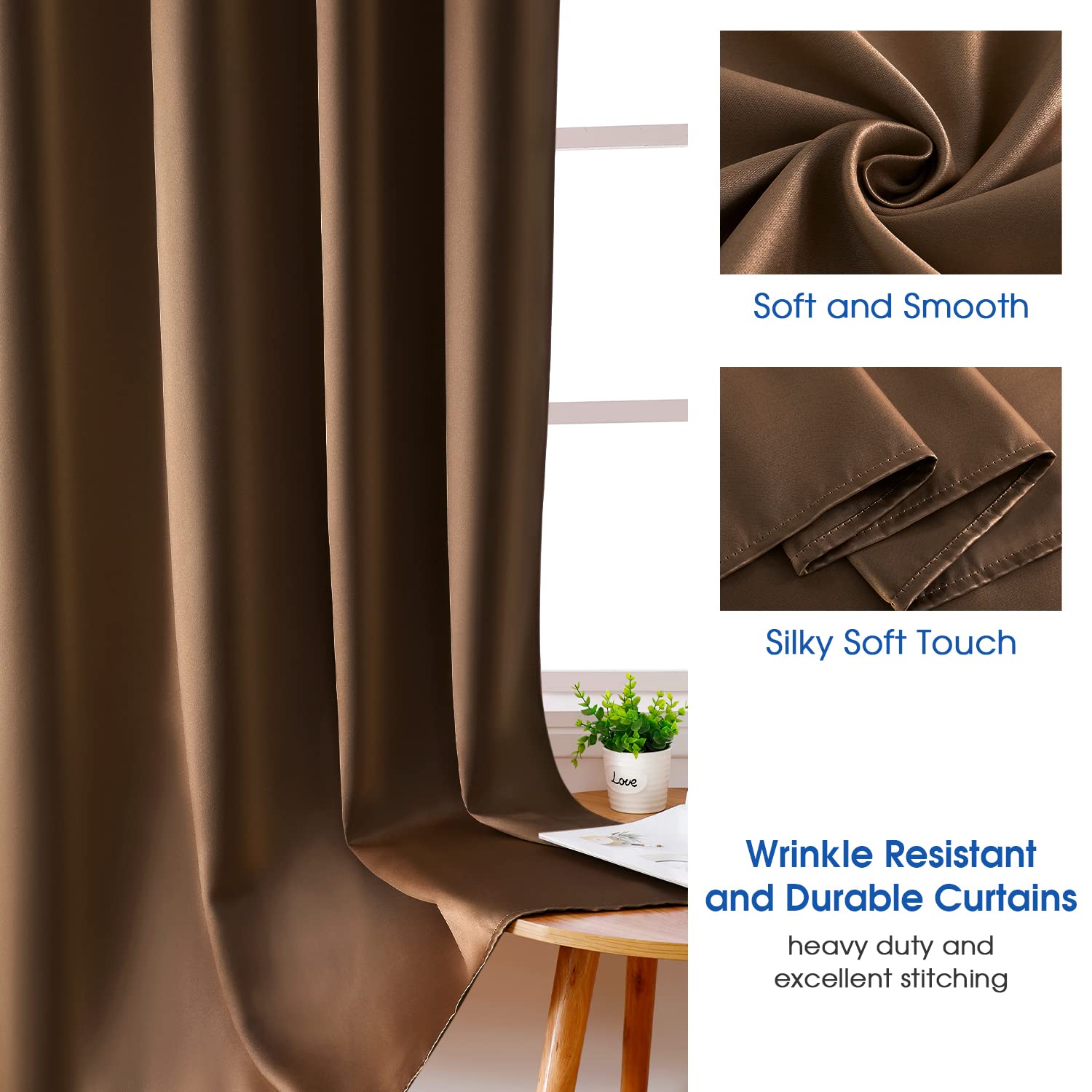 Homeideas 2 Panels Faux Silk Curtains Chocolate Blackout Curtains For Nursery 52 X 96 Inch Room Darkening Satin Curtains For Bed